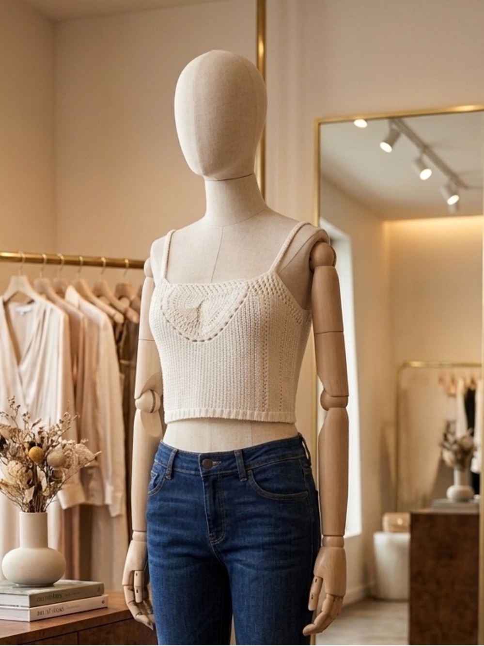 Cream Knit Crop Tank Top